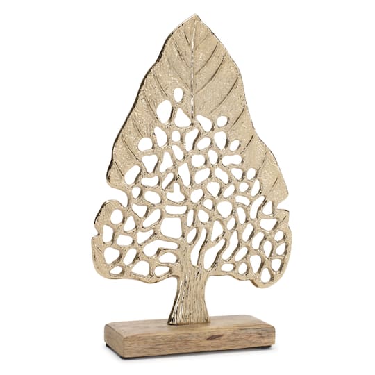 Gold Modern Metal Leaf Tree on Wood Base Set